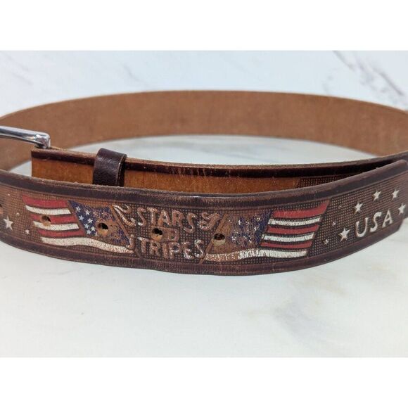 Stars and Stripes American Themed Men's Genuine Brown Leather Belt Sizer 32-36" - Picture 4 of 5